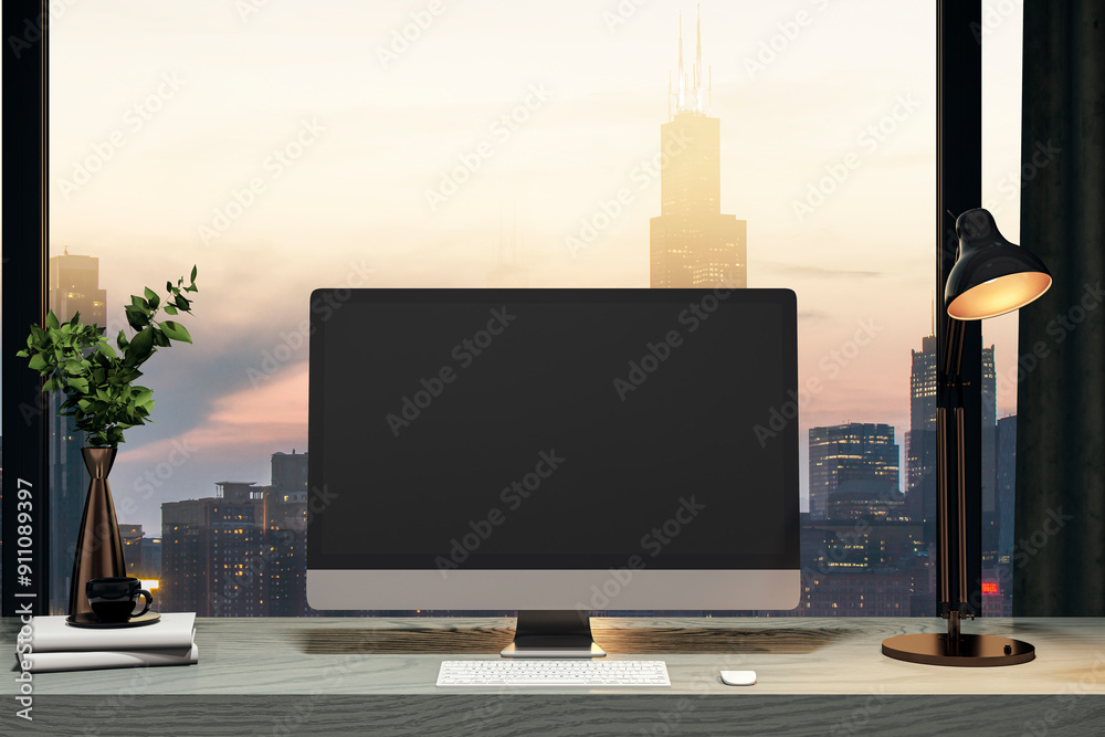 Poster Clean designer office interior with empty mock up computer screen. Panoramic window with city view background. 3D Rendering.