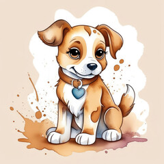 Fototapeta premium Little Brown Puppy Watercolor Illustration
