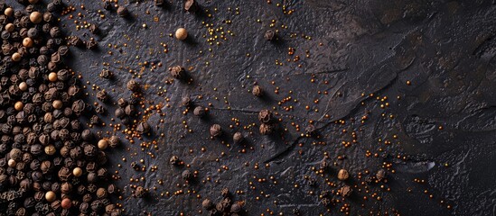 Dark background with ground black pepper and grains creating a copy space image