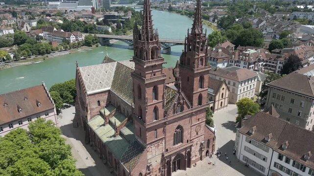 4K Drone Video of Historic Church Entrance and Plaza in Basel, Switzerland along Rhine River (Tilt Down)