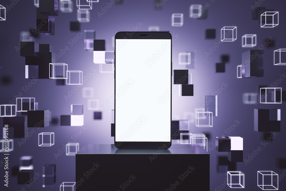 Poster Empty white smartphone on creative digital cubes background with pedestal and mock up place. 3D Rendering.