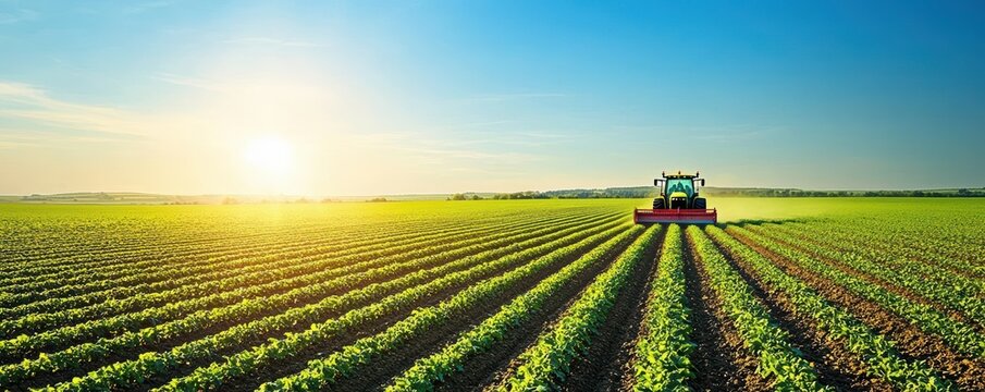 Tractor working in a field of green crops at sunset.