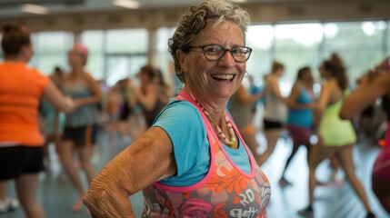 A cheerful elderly woman enjoys dancing with a diverse group of younger individuals in a lively fitness setting