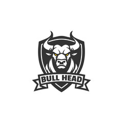 Simple and modern bull head in shield mascot logo design vector isolated on white background