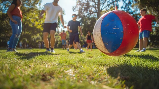 11 Friends enjoying spikeball with red, white, and blue ball, park setting, bright day, medium shot, energetic and fun
