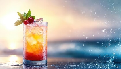 Refreshing summer cocktail with cranberry and mint, against a sunset and ocean backdrop.