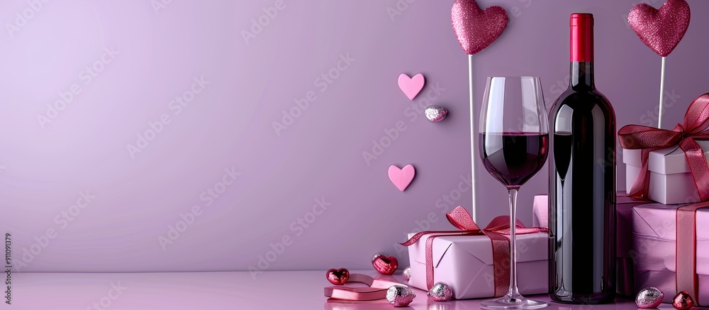 Wall mural Valentine s Day themed composition with a wine bottle glass and gift box on a lilac background with copy space image