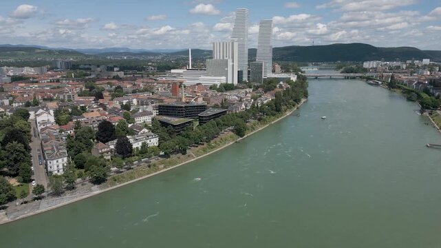 4K Drone Video of Modern Buildings near the Rhine River in Basel, Switzerland (Track Right)
