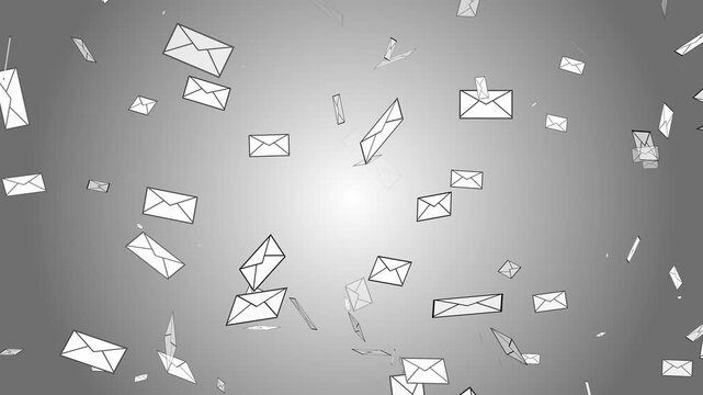 Letter mail postal envelope floating falling disappear 3D animation on gradient background stationary visual delivery digital design abstract dynamic colour grey white