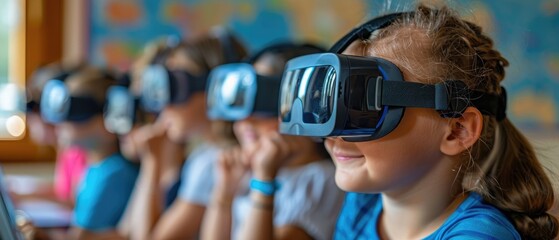 Children using virtual reality headsets in classroom, exploring interactive and educational VR experiences for immersive learning.