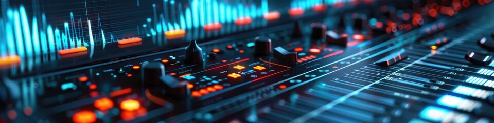 Obraz premium Close up of a colorful sound mixing console with illuminated knobs and sliders, capturing the essence of modern audio technology.