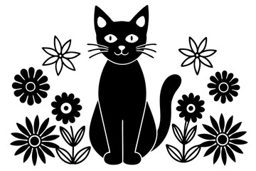 Cat in the Flower Garden Vector Silhouette