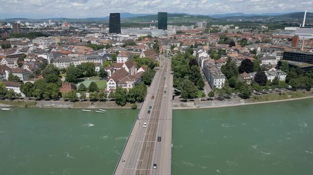 4K Drone Video of Traffic Driving on Wettsteinbr&uuml;cke Bridge over the Rhine River in Basel, Switzerland (Dolly Forward)