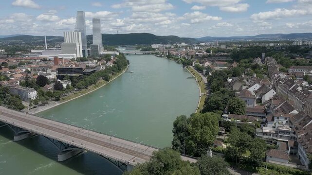 4K Drone Video of Wettsteinbr&uuml;cke Bridge over the Rhine River with Modern Buildings in Basel, Switzerland (Dolly Forward)
