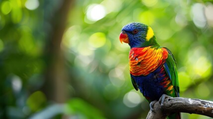 Naklejka premium Vibrant Close-Up Image of a Colorful Parrot Perched on a Branch in Tropical Jungle Environment