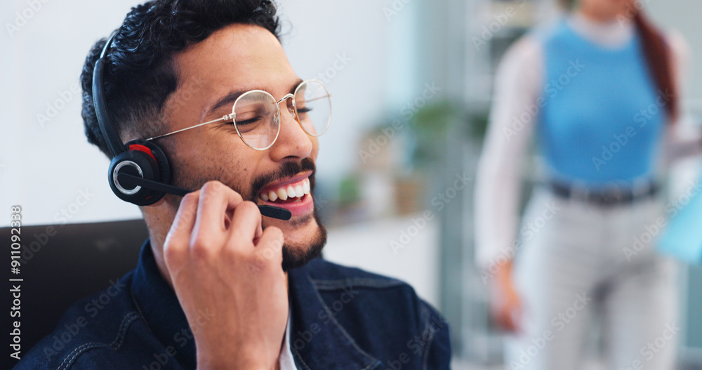 Poster call center, business man and laugh with customer support, advice and online consultation. office, c