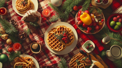 Fototapeta premium A festive breakfast spread with, waffles, fresh fruits, and holiday-themed table settings, capturing the joy of Christmas morning