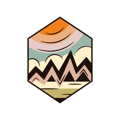 Outdoor adventure badge. Camping adventure label in retro style. Mountain logo graphics for t-shirt. Stock artwork