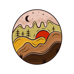 Outdoor adventure badge. Camping adventure label in retro style. Mountain landscape logo graphics for t-shirt. Stock artwork