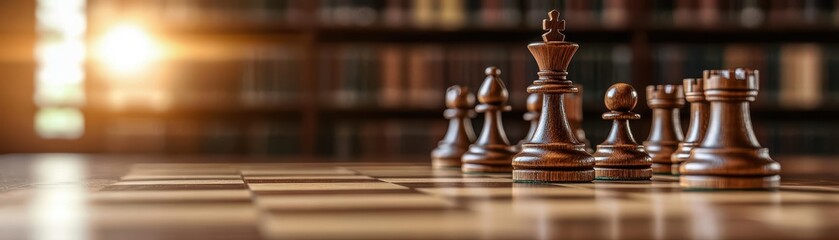 Fototapeta premium An elegant chess set with intricately carved wooden pieces, set up on an antique table in a grand library