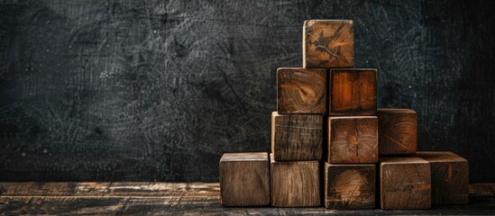 Innovative product message on wooden blocks against dark backdrop serving as a symbolic representation of creativity featuring copy space image