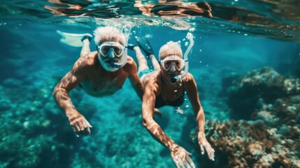 Naklejka premium An elderly couple smiles while snorkeling together, exploring a colorful underwater coral reef