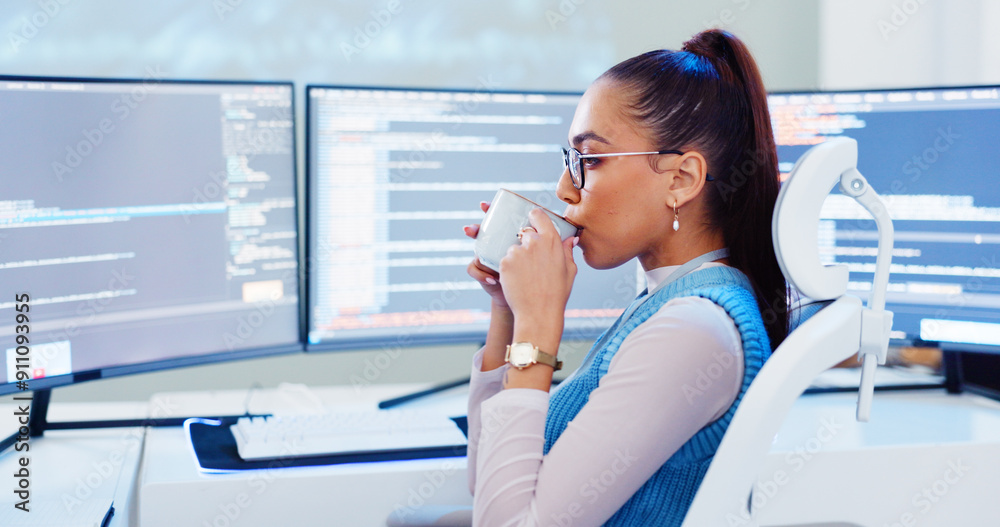 Poster Software development, woman programmer and computer with coffee for system update or tech programming. Professional, app coding and cyber security with IT database for data analysis or script testing