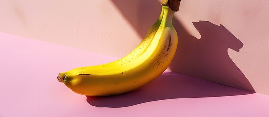 Minimalist composition featuring a yellow banana on a pink background with contrast and hard shadows creating a visually appealing copy space image