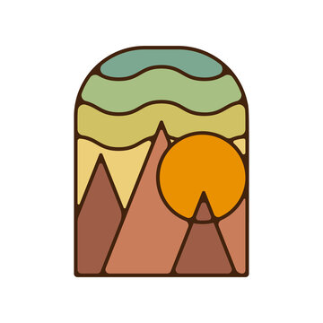 Outdoor adventure badge. Camping adventure label in retro style. Mountain logo graphics for t-shirt. Stock unique artwork