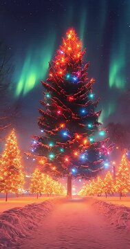 Aurora borealis, northern lights and Christmas tree in the park.