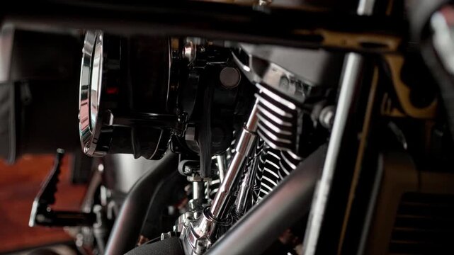 motorcycle engine in garage , Focus on the Cylinder block head and filter ,close up view.