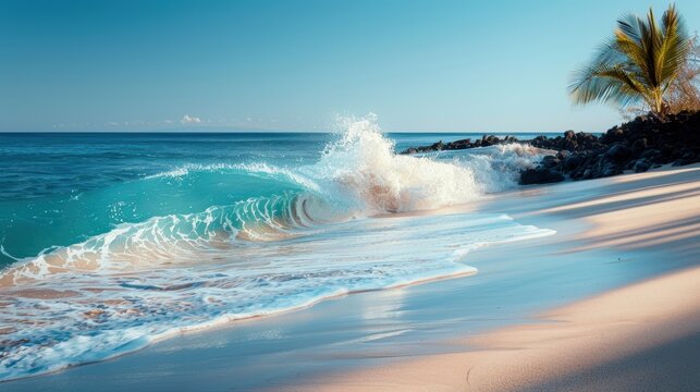 A breathtaking view of the ocean with rolling waves, a sandy beach, and a peaceful shoreline, offering a glimpse into the vibrant marine and aquatic environment.