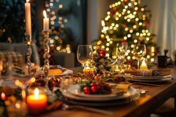 creatively set christmas table, beautiful tableware and candles in modern living room in the evening. Horizontal