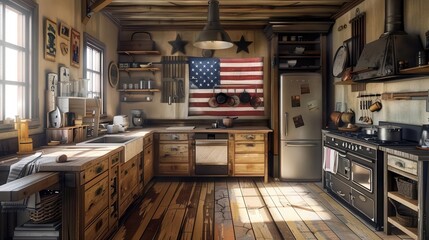 9 Rustic kitchen with American flag decor, vintage appliances, midday light, wideangle, nostalgic and warm