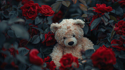 Teddy bear in pink roses. Love and care. Plushy in rose bed.