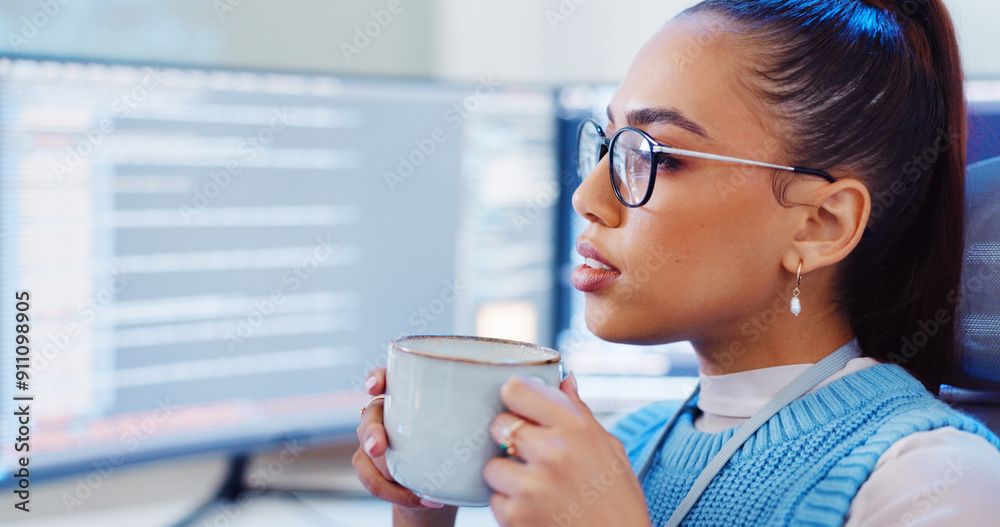 Aufkleber Coding, woman or coffee with computer for software development, reading information and system update. Professional, app programming and cyber security with IT database for analysis or script testing