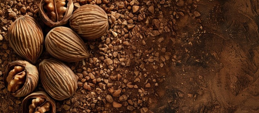 Nutmeg or Javitri with Shell isolated on a heap of Mace or Nutmeg Aril with copy space image also called Javitri or Myristica Fragrans in a horizontal layout
