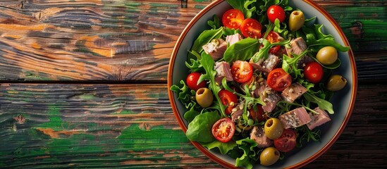 Fototapeta premium Close up of a salad featuring tuna green olives and cherry tomatoes on a vibrant wooden backdrop with ample copy space image
