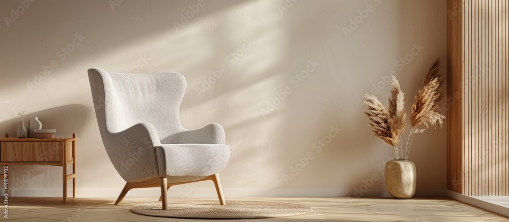 Canvas Prints Scandinavian style living room featuring a sleek gray armchair with a minimalist design creating a modern and cozy ambiance for relaxation against a neutral background with copy space image