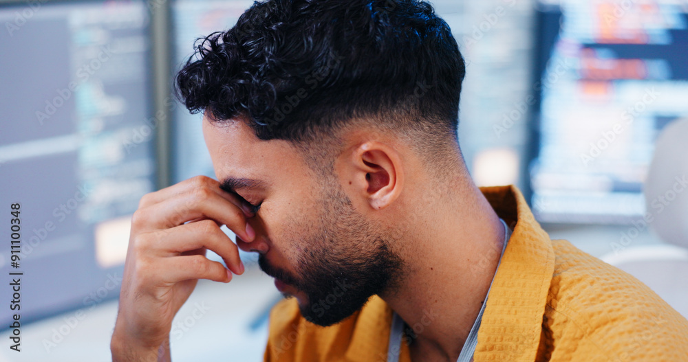 Aufkleber Man, stress and headache by computer in office for programming software, fatigue and burnout of code glitch. Tired, male programmer and migraine with pc for it update error, brain fog and deadline