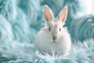 Obraz premium Adorable white rabbit sitting on a fluffy rug on a blue armchair.