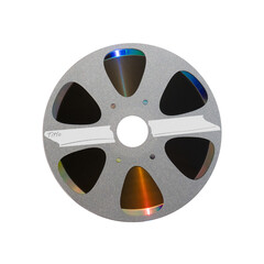 Disc label in the style of cine movie film projector reel bobbin with empty space for the title and rainbow reflection from the surface