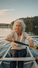 Fototapeta premium An elderly woman rows gently on a serene lake, enjoying the beauty of nature at sunset