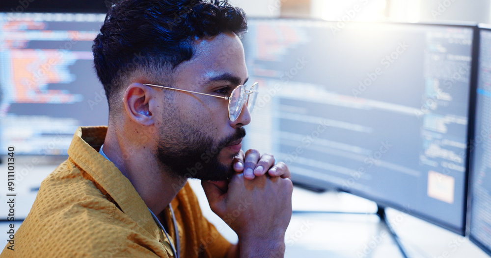 Aufkleber Serious, man and coding with computer screen for cybersecurity, developer update and app upgrade. Thinking, working and coder tech with programmer search and software system planning in office