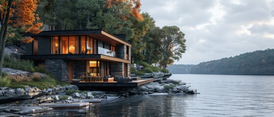 Obraz premium Modern lakeside house with large windows, surrounded by autumn trees and overlooking a serene lake at dusk.