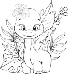 Vector baby dinosaur. Diplodocus with palm leaves, Clipart for baby shower, nursery, decor, stickers, prints with historical animals. Jurassic period. Black silhouette for circuit