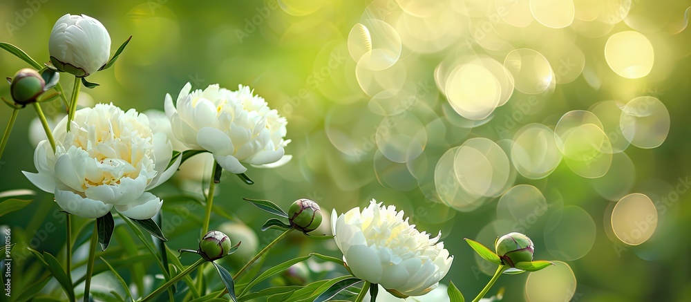 Sticker Close up image of blooming white peonies and buds in a spring garden set against a lush green backdrop with beautiful bokeh providing copy space