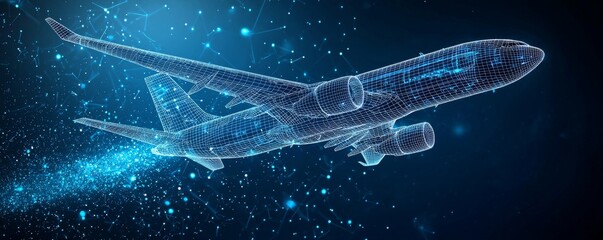 Wireframe airplane in digital space showcasing futuristic aviation technology