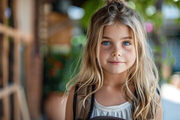 Fototapeta premium Young girl in school uniform with a backpack ready for her first day of school.