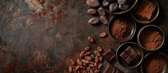 Cocoa beans cocoa powder and dark chocolate displayed on a concrete table with copy space image